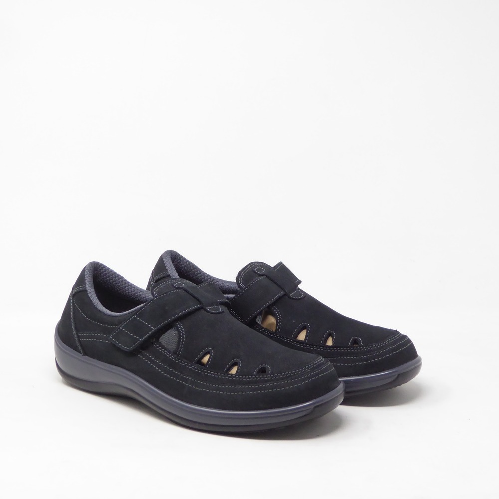 Orthofeet Women Serene T Strap Shoes Black Leather Hook Loop Fisherman Size 7.5
